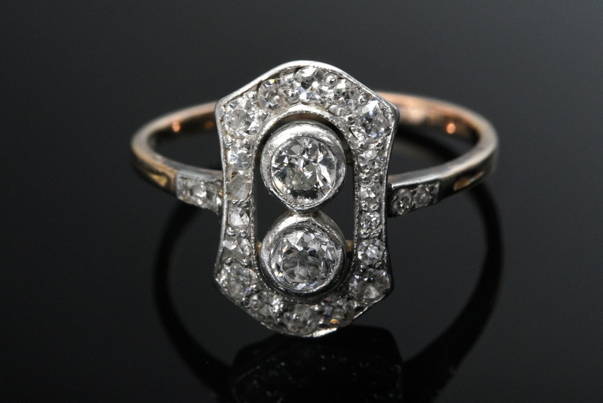 Art Deco Gelbgold 585 Ring mit platingefassten Diamanten (zus. ca. 0.40ct/SI-P/W-C), 2,1g, Gr. 52 - Bild 2 aus 4