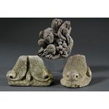 3 Diverse Sandstein Fragmente "Blattvoluten" und "Früchte", 9x9,5/9x15/13,5x12,5cm, Alters- und Geb