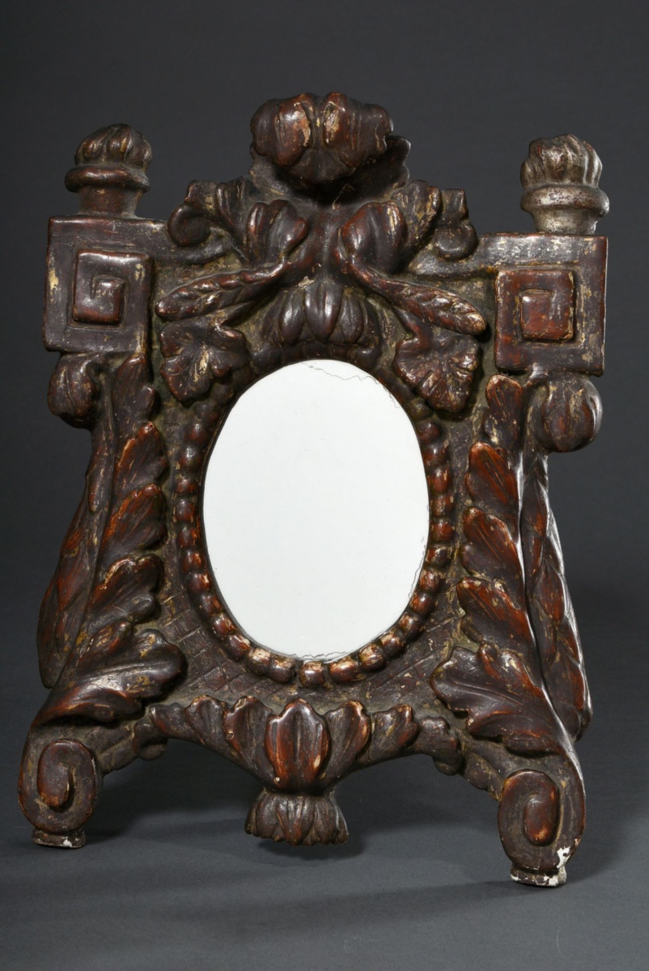 Small coloured classicist altar mirror, with remains of gold and silver mountings, leaf and ornamen