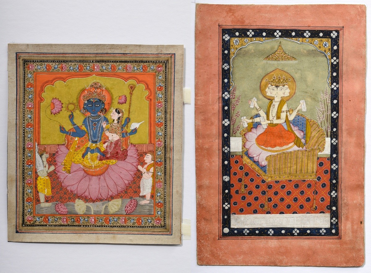 2 Various Indian book illustrations "Vishnu with Lakshmi" and "Avalokiteshvara" each on lotus thron