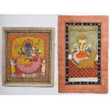 2 Diverse indische Buchillustrationen "Vishnu mit Lakshmi" und "Avalokiteshvara" je auf Lotusthron,