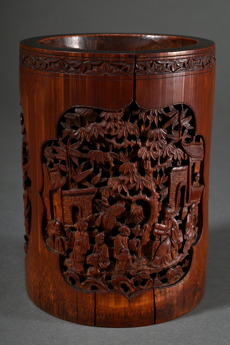Chinese bamboo brush cup "Animated Landscape Sceneries/Phoenix, Butterfly and Deer" cut in reserves