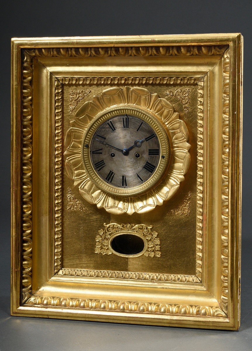 Biedermeier frame clock in richly decorated, gilded case, wood/stucco, dial with Roman numerals, pr