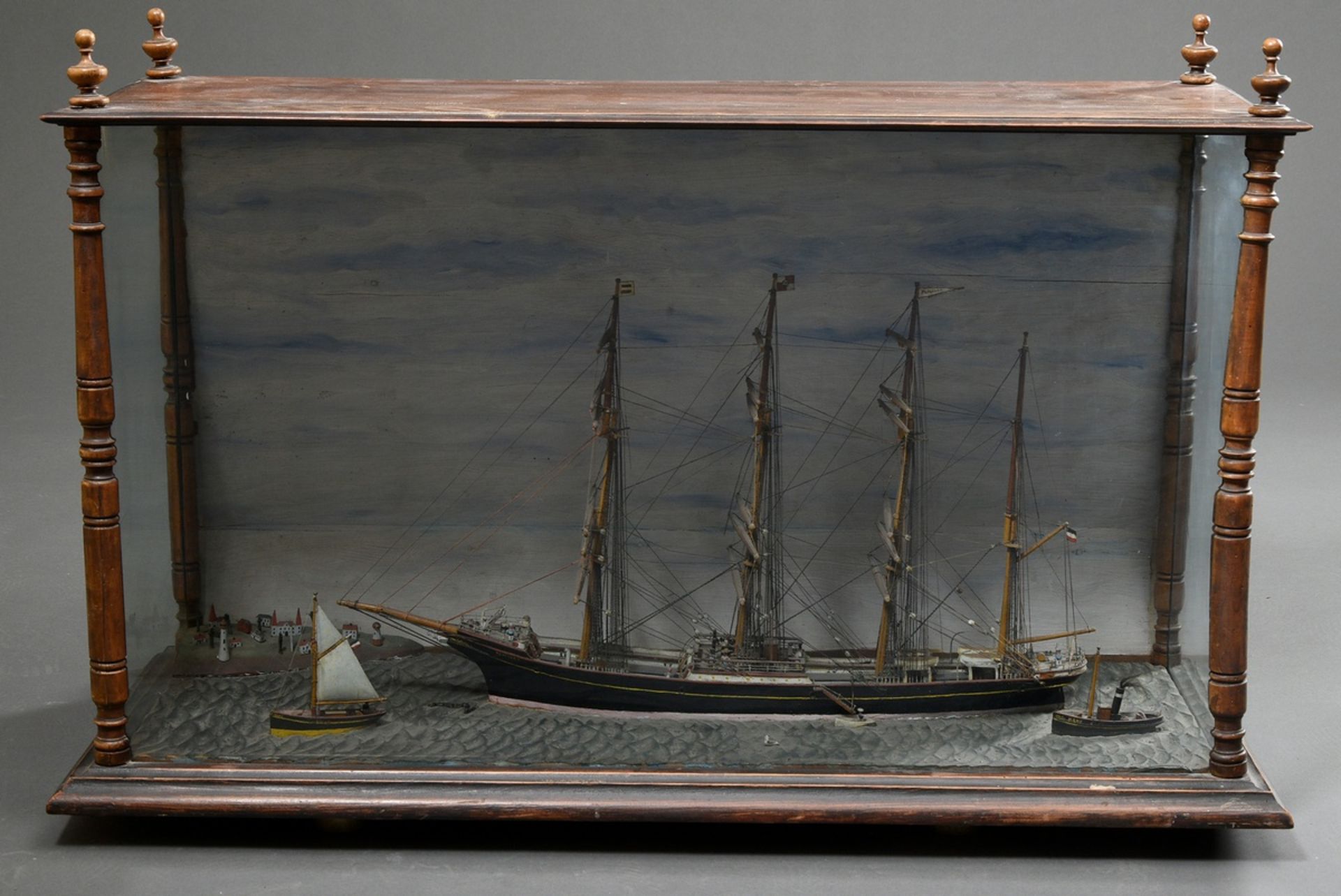 Diorama with full model of a ship "Four-masted barque 'Placilla' later 'Optima'" with dinghies in f