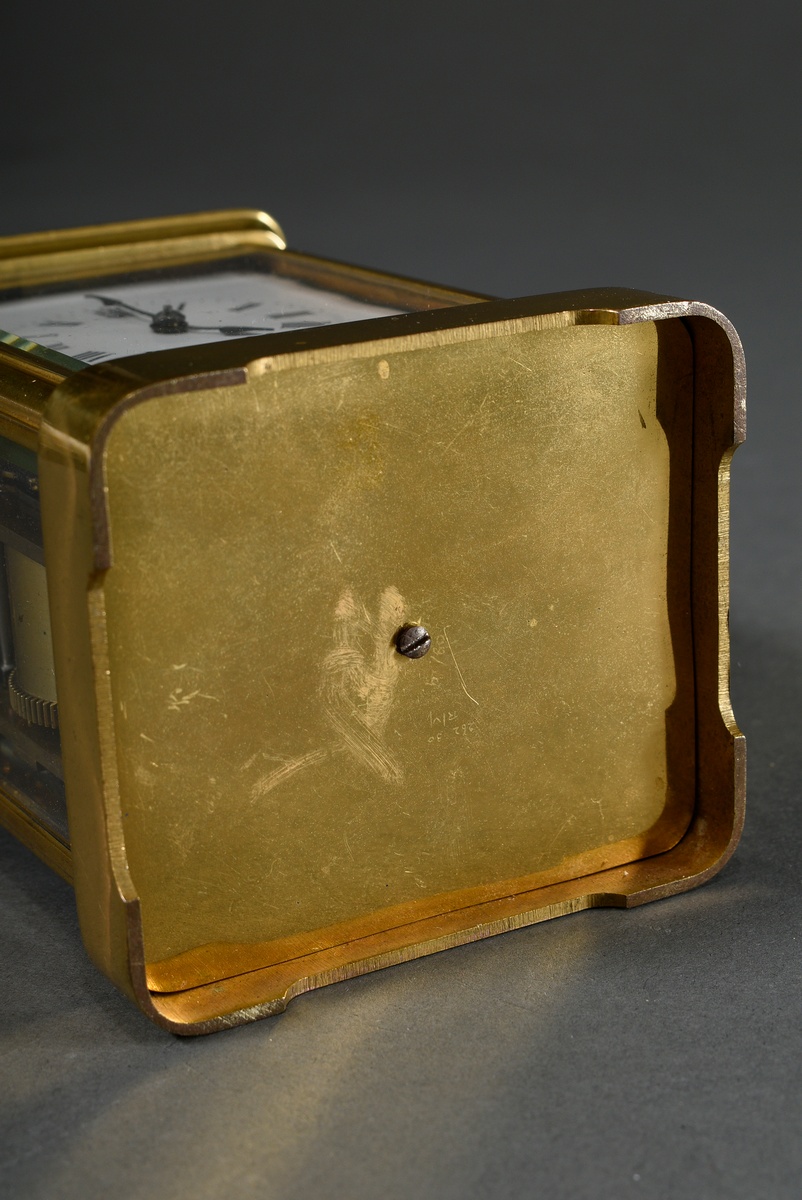 French travelling clock with enamel dial in gilded brass case glazed on all sides, movement with re - Image 7 of 10