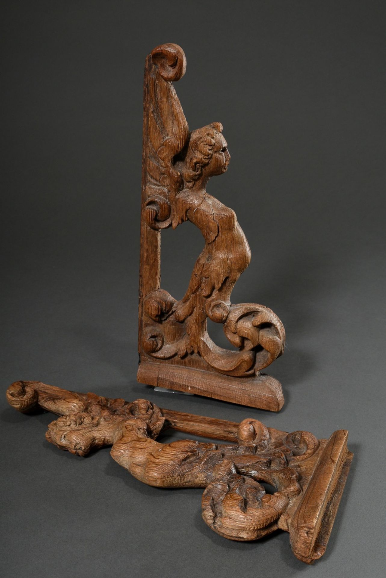 Pair of antique carvings "Harpies", formerly part of a piece of furniture, oak, 32x15x4cm, slightly - Image 2 of 6