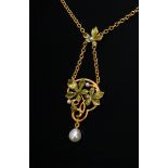 Zartes Gelbgold 750 Collier im Art Nouveau Stil mit Zuchtperlen und emaillierten Blättern, 10,8g, L