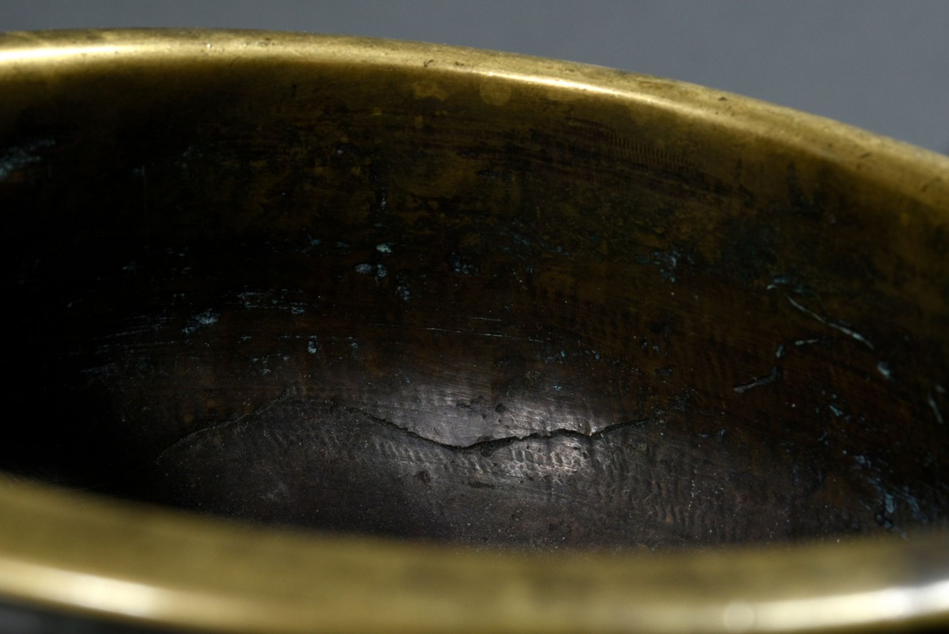 Bronze censer with gold-plated decoration and finely worked lion heads, Qianlong seal mark, on late - Image 9 of 9