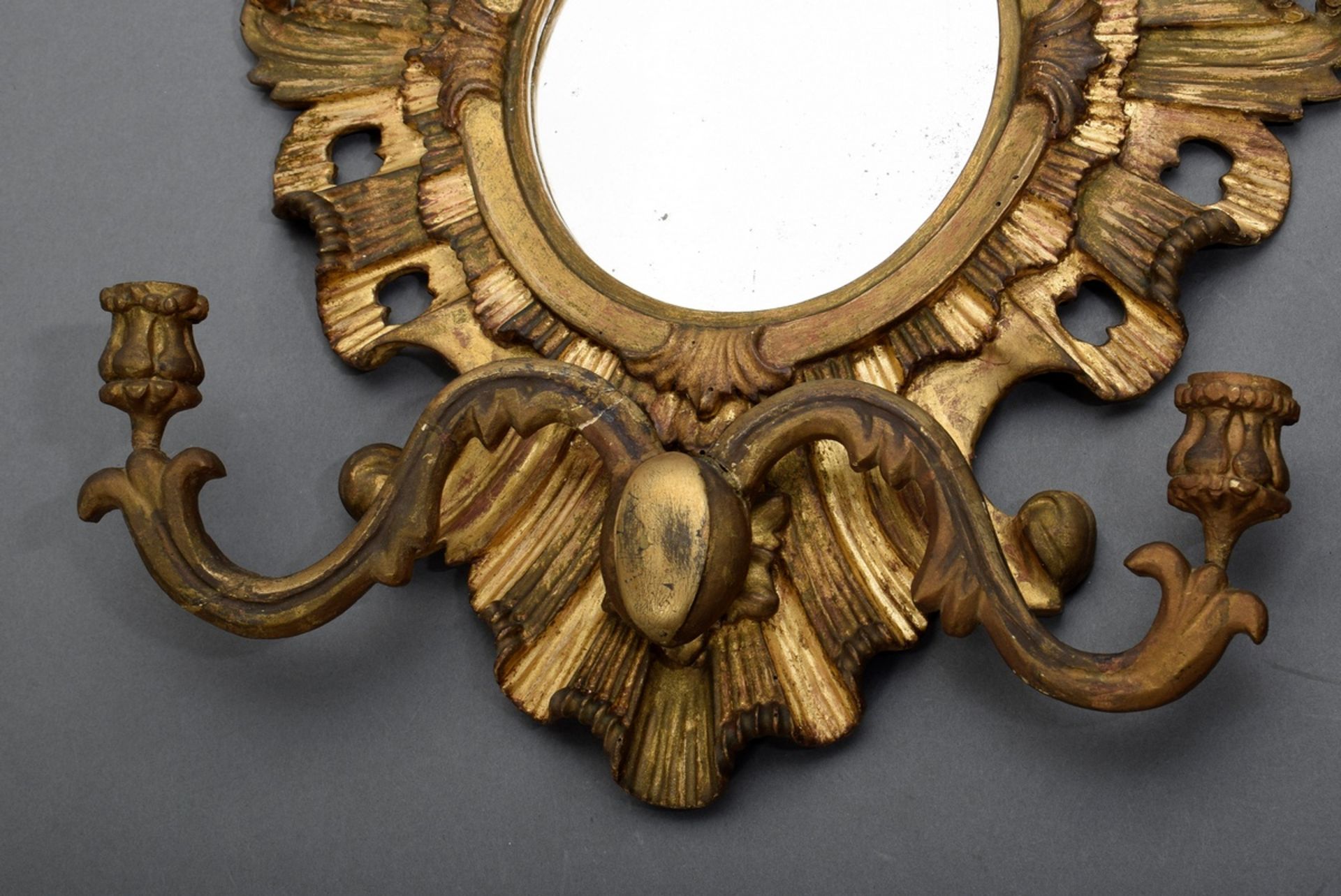 Pair of baroque wall lamp with mirrors and 2 candle arms, gilded wood, mid 18th century, 55x39,5cm, - Image 5 of 8