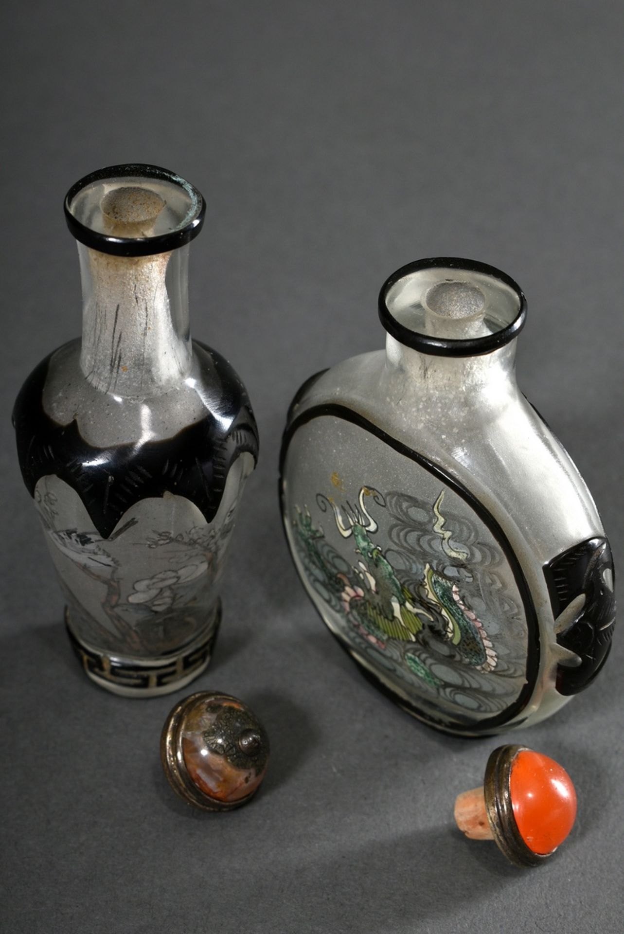 2 Various glass snuffbottles with fine Neihua painting "Landscape, dragon and flowers with birds" a - Image 6 of 7