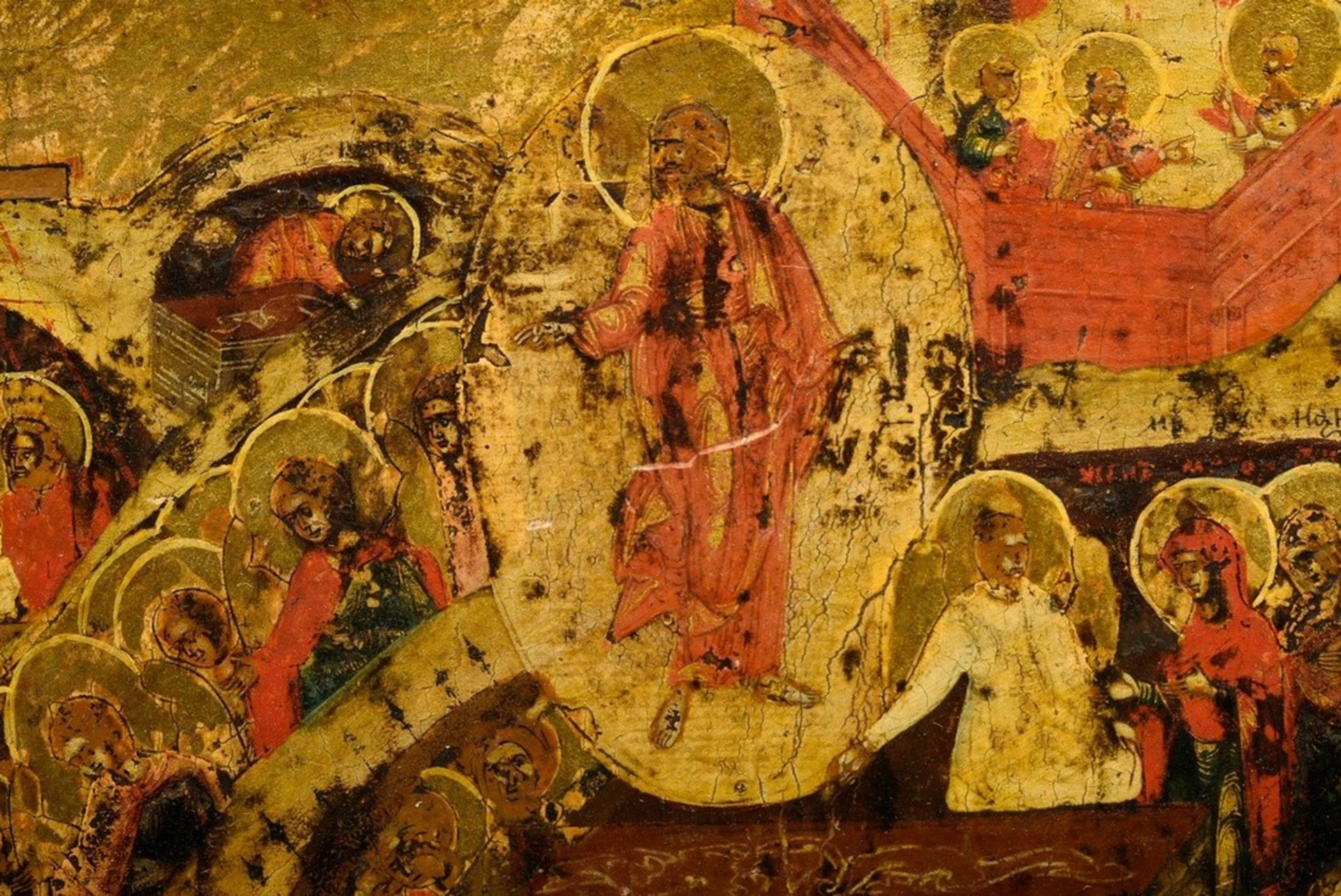 Russian icon "Anastasis" (Below, Christ tramples on the gates of the underworld and saves Adam. Beh - Image 3 of 8