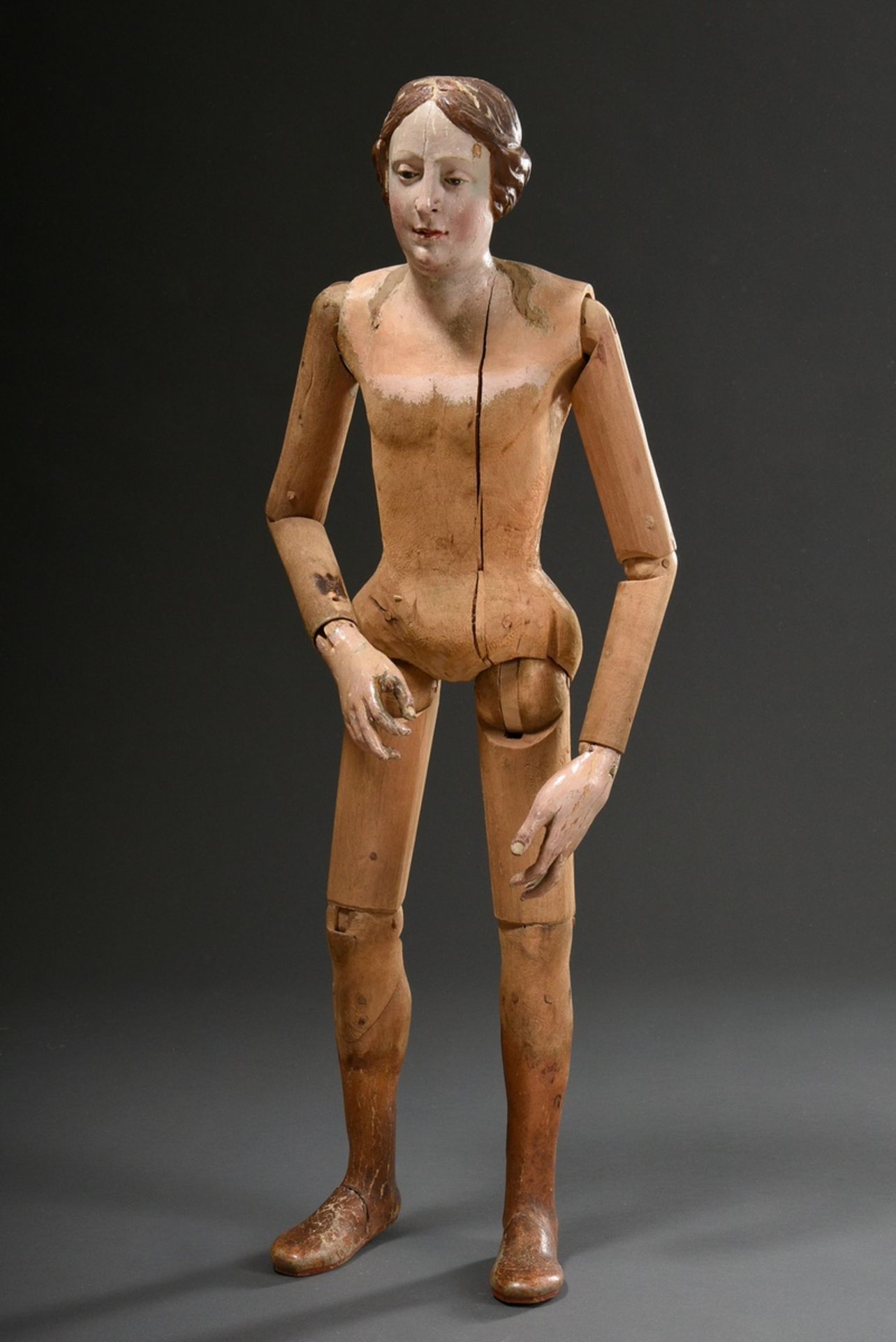 Large processional figure in original clothing with carved wooden body and movable limbs, hands and - Image 9 of 14