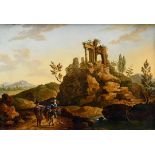 Unbekannter Maler des 19.Jh. "Ideale Landschaft mit Reisenden und Ruine", Öl/Metall, Prunkrahmen (k