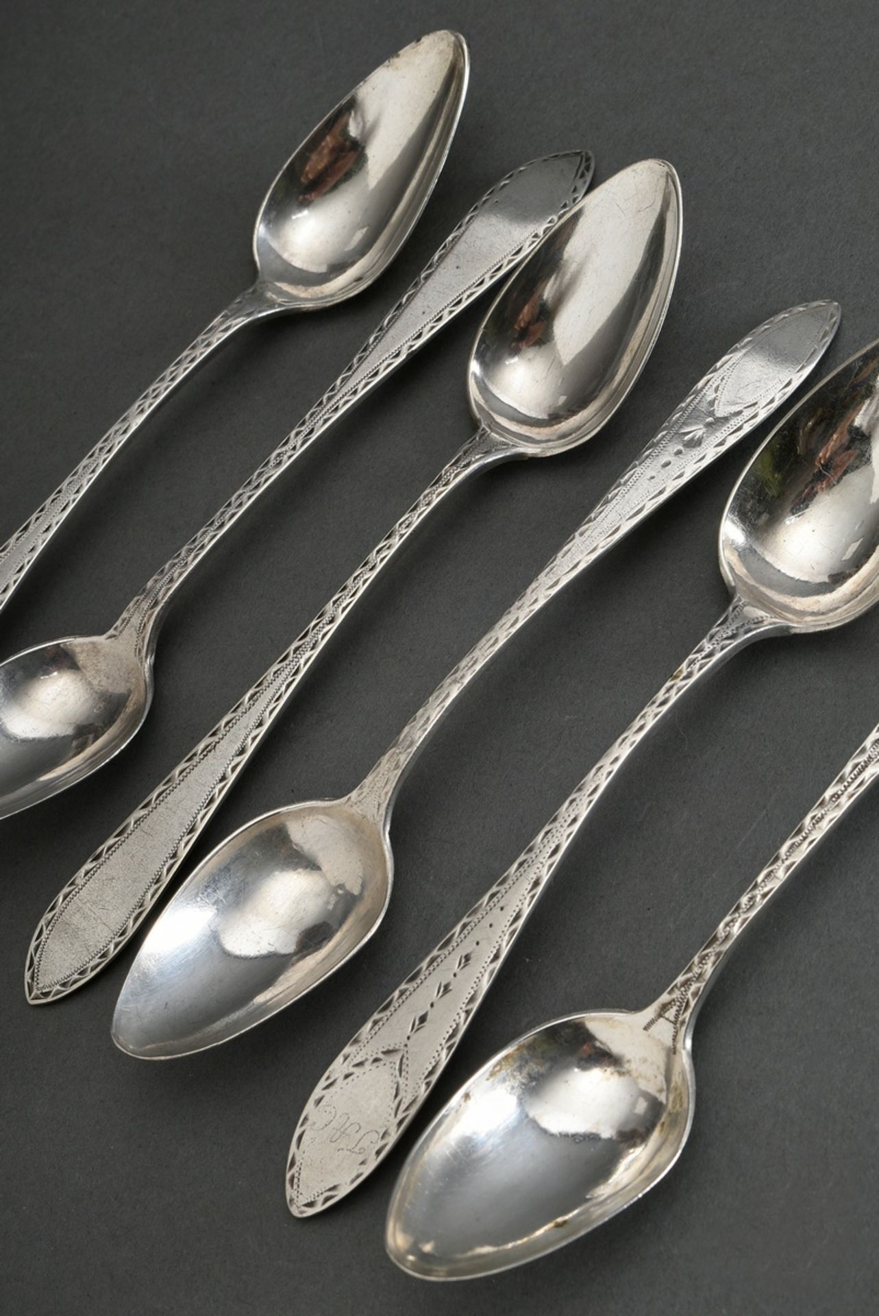 6 Various North German teaspoons with lancet-shaped handles, different floral ornamental brightcut 