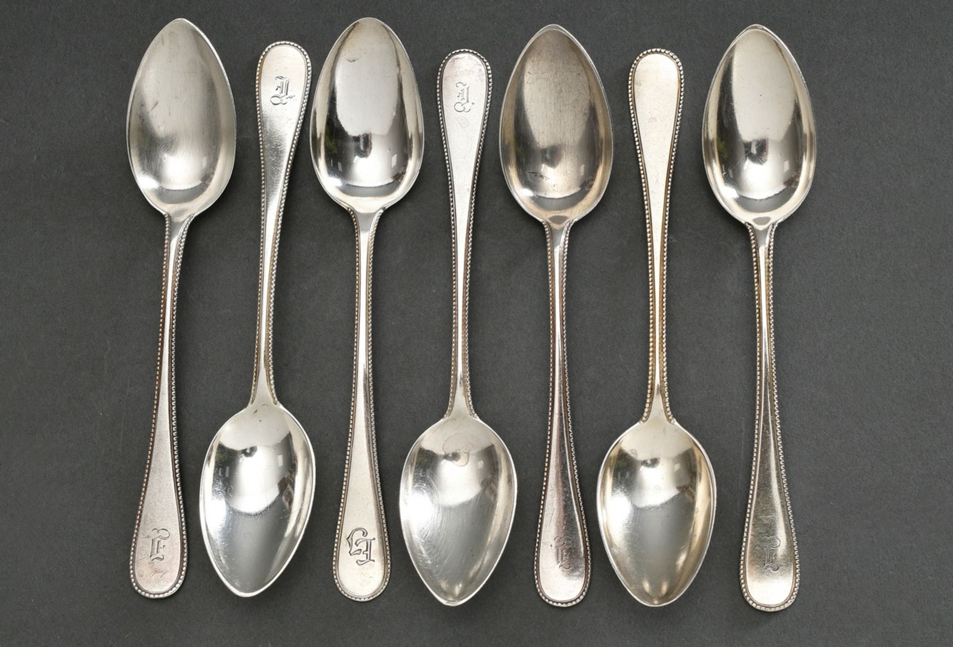 7 teaspoons with pearl pattern and monogram engraving "I", Wilkens & Söhne/ Bremen, jeweller's mark - Image 2 of 4