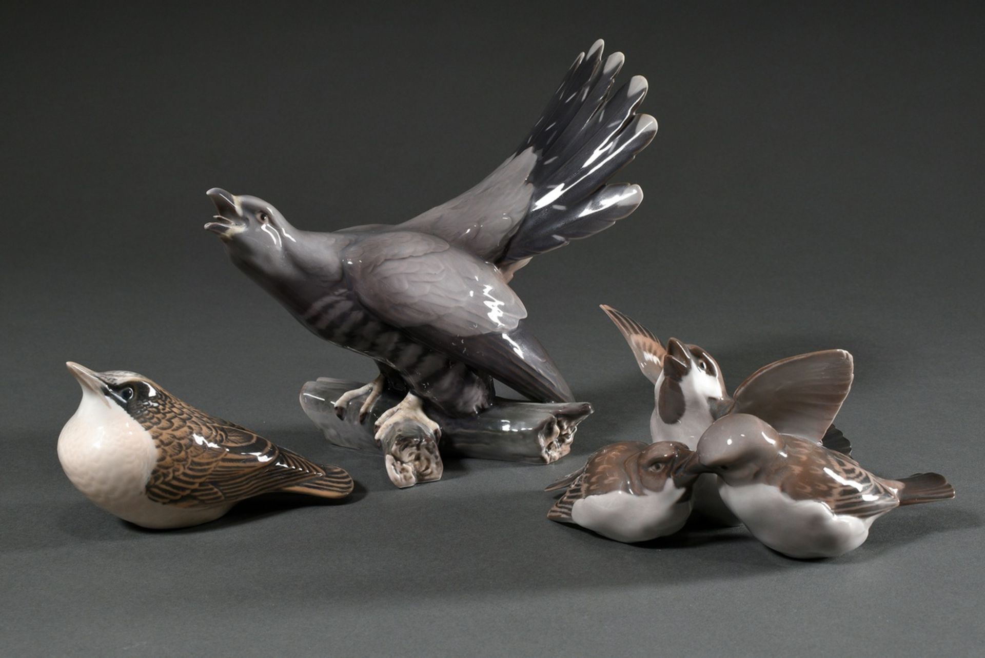 3 Various porcelain figures "Star", "Three Sparrows" and "Cuckoo" with polychrome underglaze painti