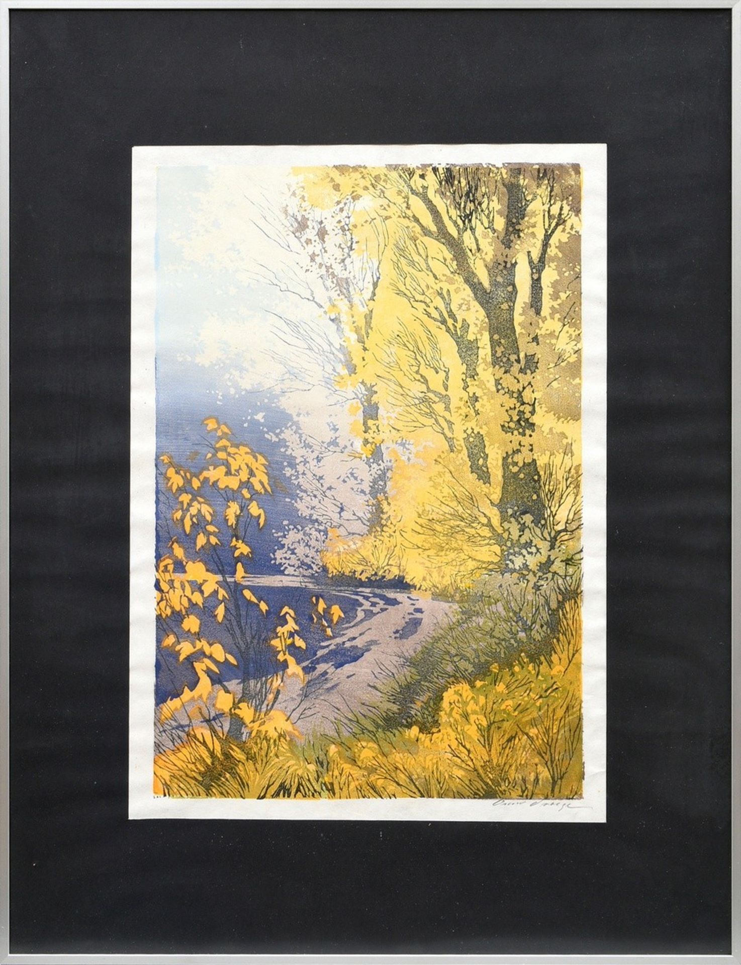 Droege, Oskar (1898-1983) "Seeufer im Herbst", u.r. sign., PM 43x29,2cm (m.R. 66,5x50,5cm), min. we - Bild 2 aus 3