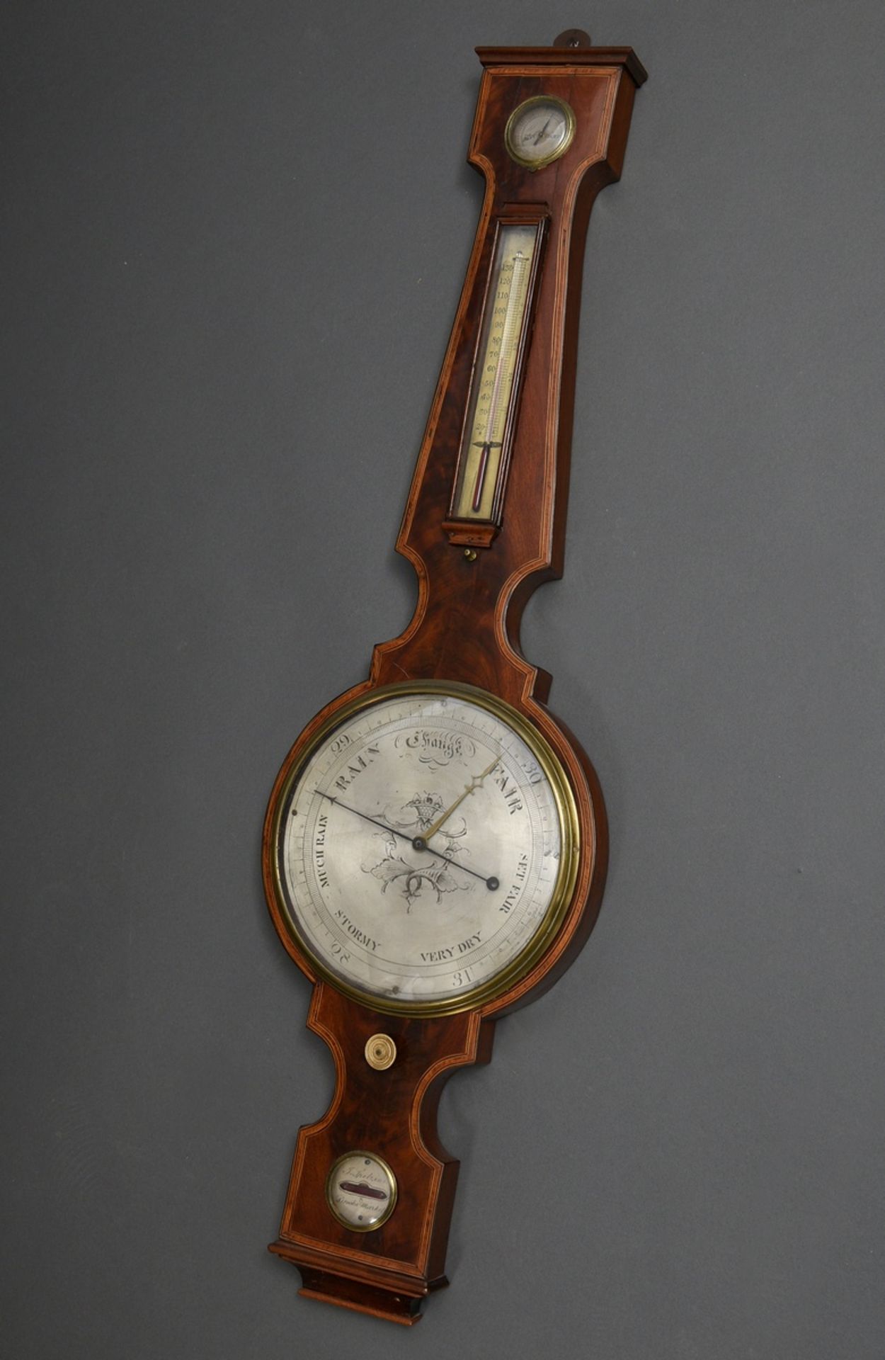 Mahagoni Banjo Barometer, bez.: J. Spelzini/Brooks Market, England 1. Hälfte 19.Jh., H. 107cm