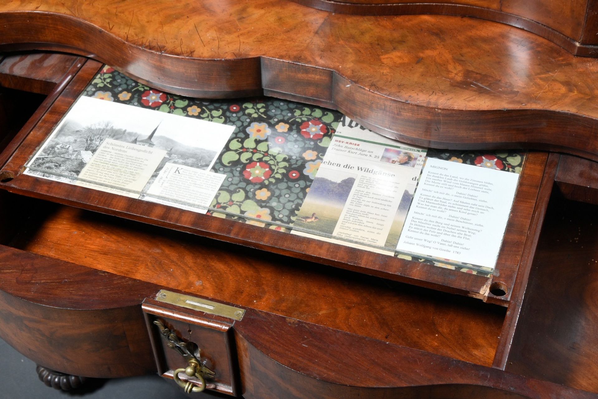 Biedermeier mirrored chest of drawers with half columns on the sides and a curved front as well as  - Image 11 of 12