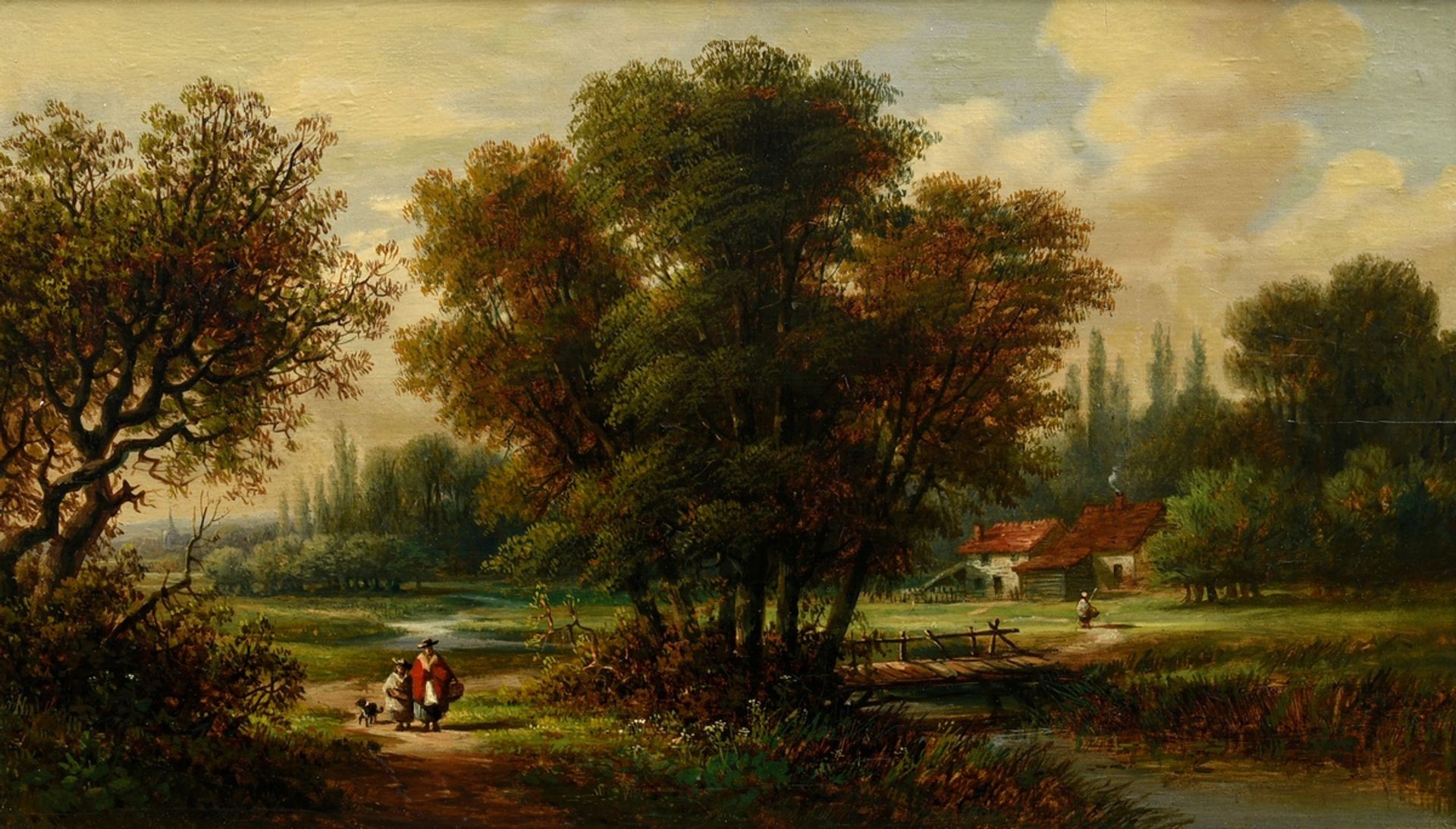 Haite, W. "Flusslandschaft mit Gehöft und Personenstaffage" 1870, Öl/Holz, u. sign./dat., verso bez