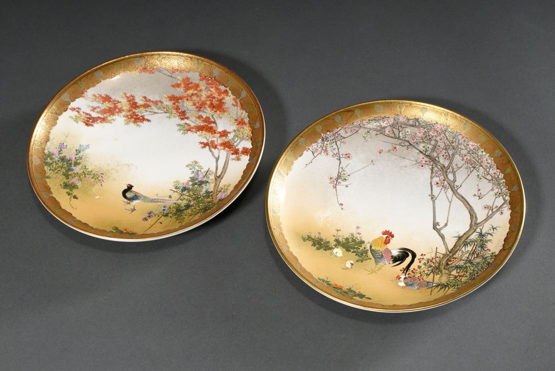 Pair Satsuma plates "Pheasant, flowers and maple" and "Cock, hen and chick under a blossoming cherr - Image 2 of 6