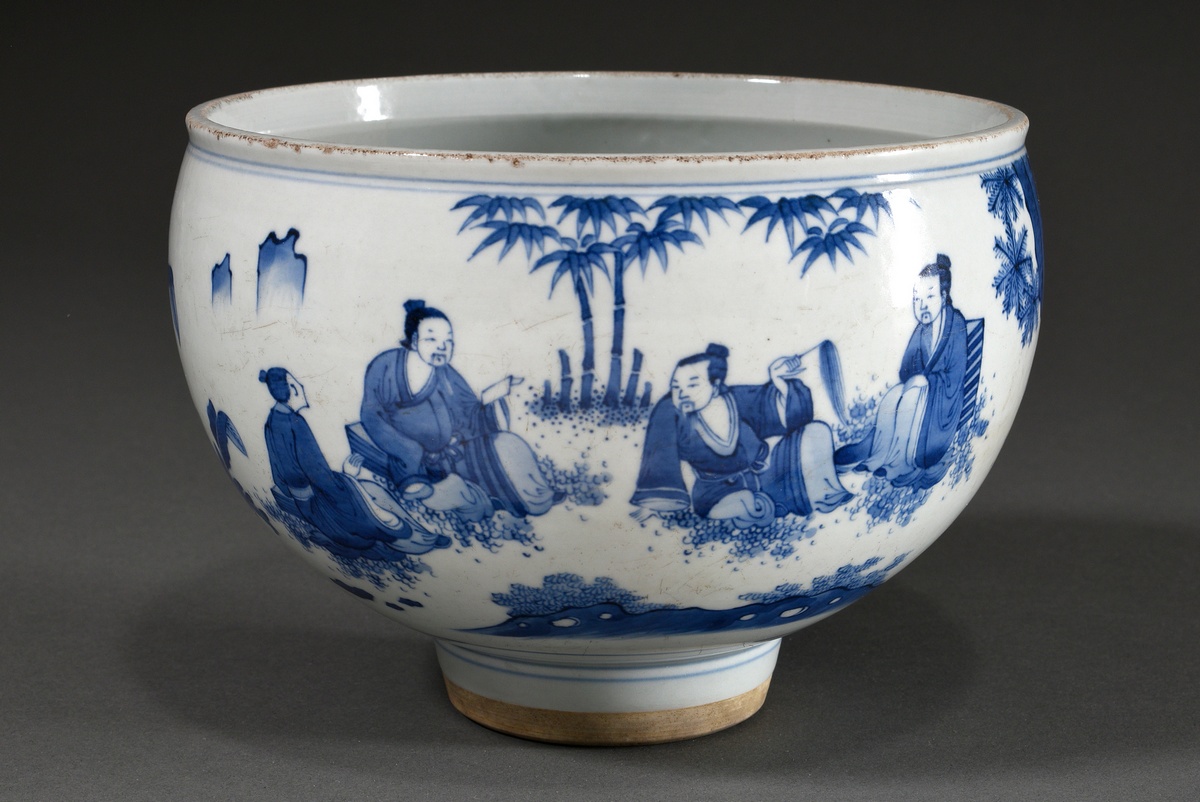 Hemispherical foot-bowl with blue painting "Scholars in Garden", China, h. 16cm, rim bumped, rubbed