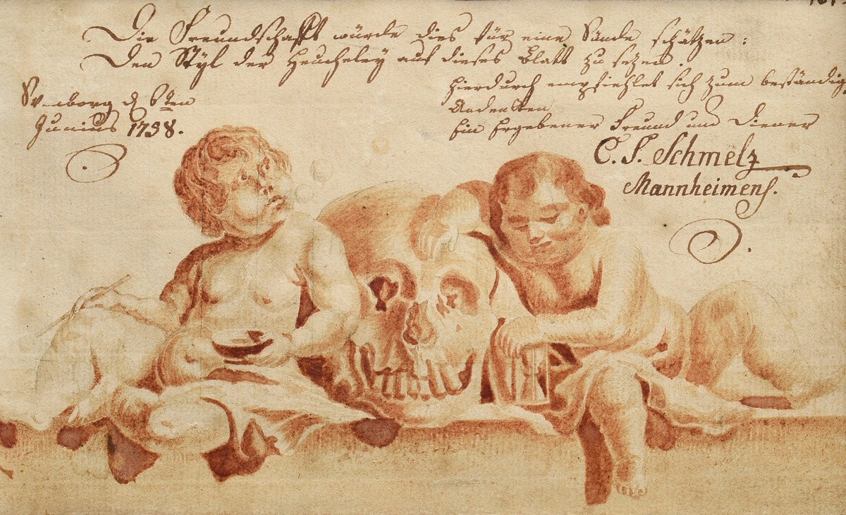 Schmelz, C.S. (18th/19th c.) "Memento Mori" 1798, sepia ink, wash, sign./dat., from "Liber Amicorum