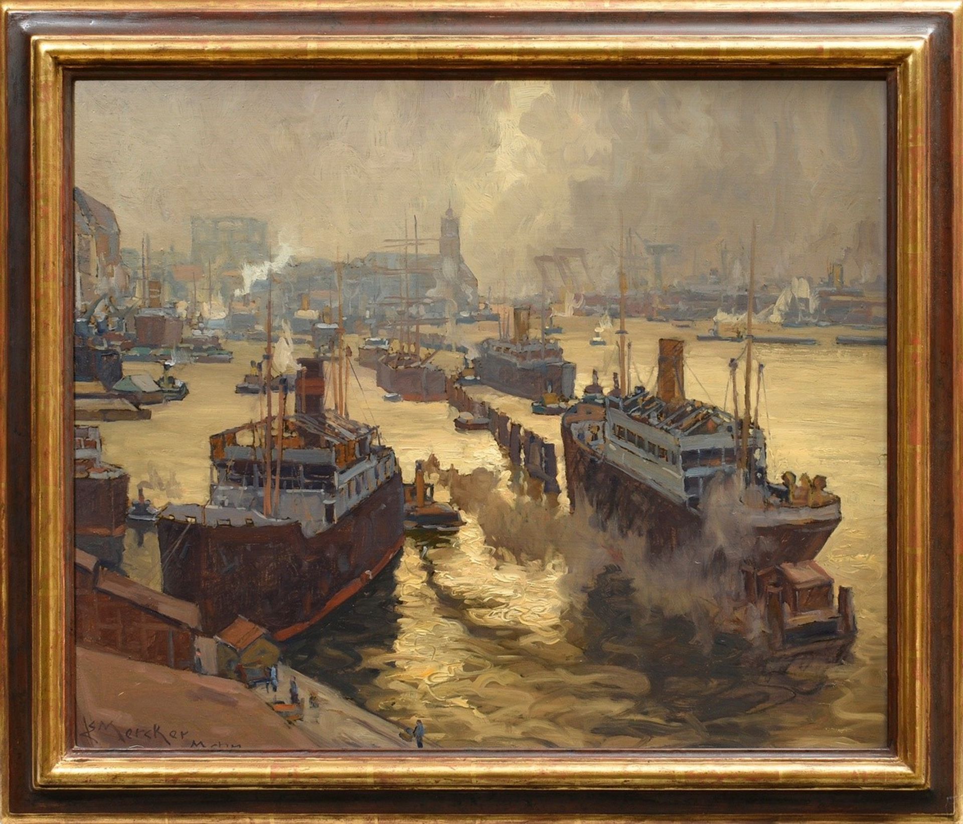Mercker, Erich (1891-1973) "Hamburg Harbour", oil/panel, sign./inscr. on the lower left, 50,5x61cm  - Image 2 of 3