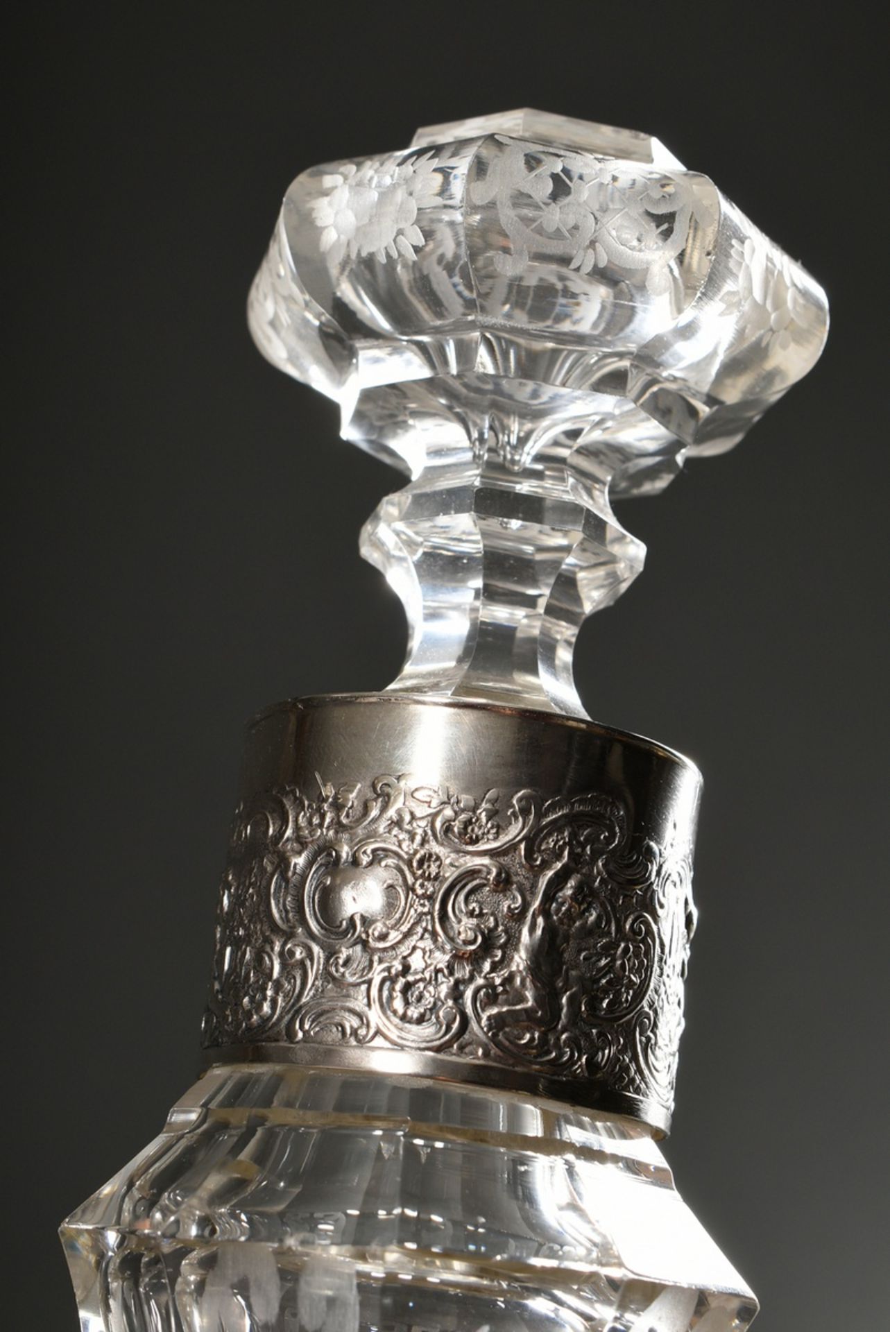 Pair of opulent crystal carafes in faceted baluster form with floral ornamental cut and silver 800  - Image 3 of 7