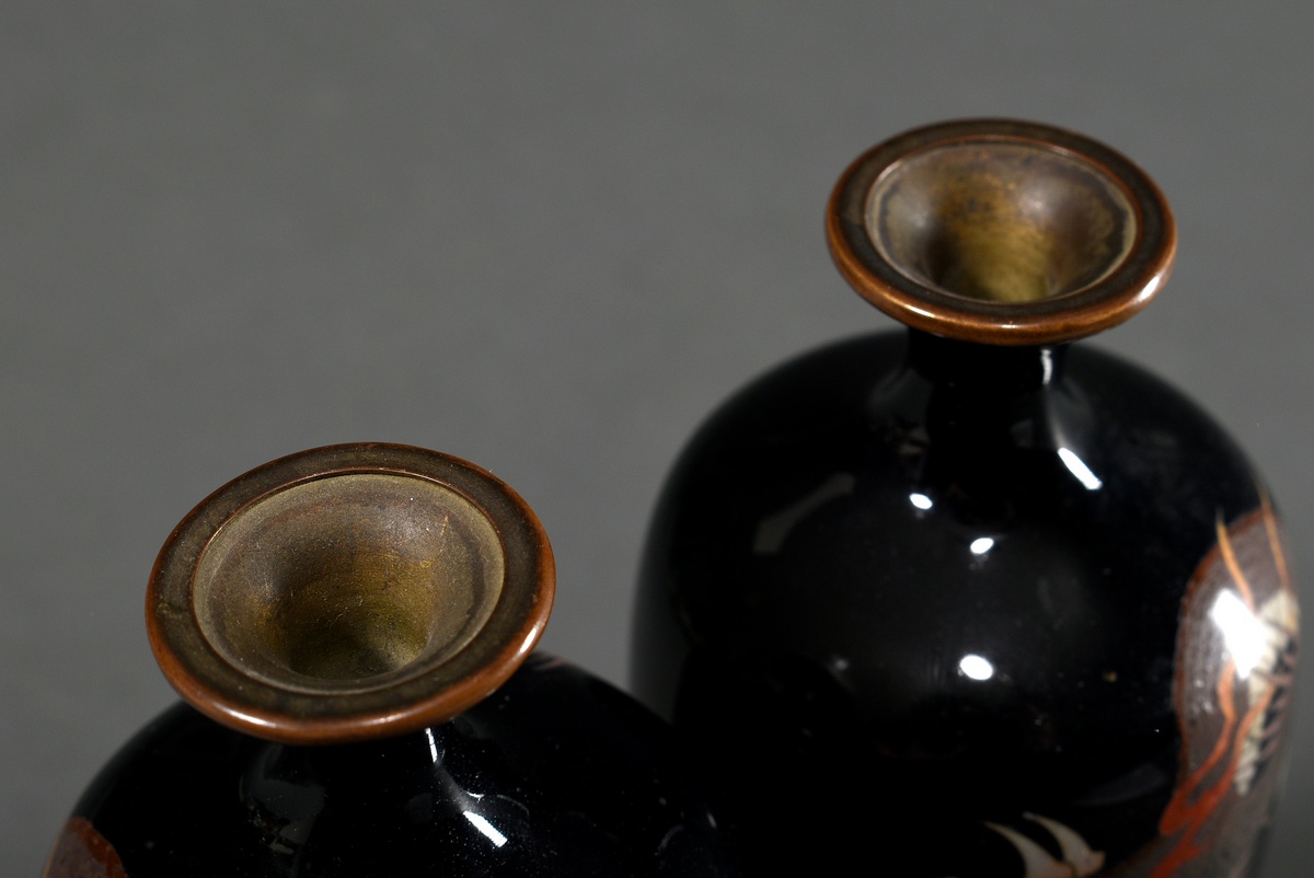 Pair of fine Japanese cloisonné vase "Dragon" on black background, maker's mark on the bottom, Meij - Image 5 of 6