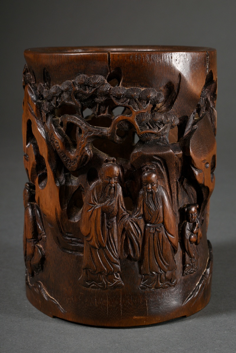 Chinese bamboo brush cup "Scholars playing board games" in mountain landscape, cut in deep relief, 