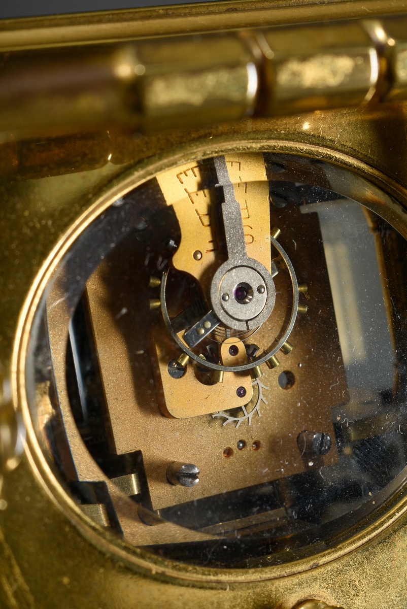 French travelling clock with enamel dial in gilded brass case glazed on all sides, movement with re - Image 8 of 10