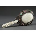 Chinese silver hand mirror with incorporated fine light hetian jade plaque with raised relief "flow