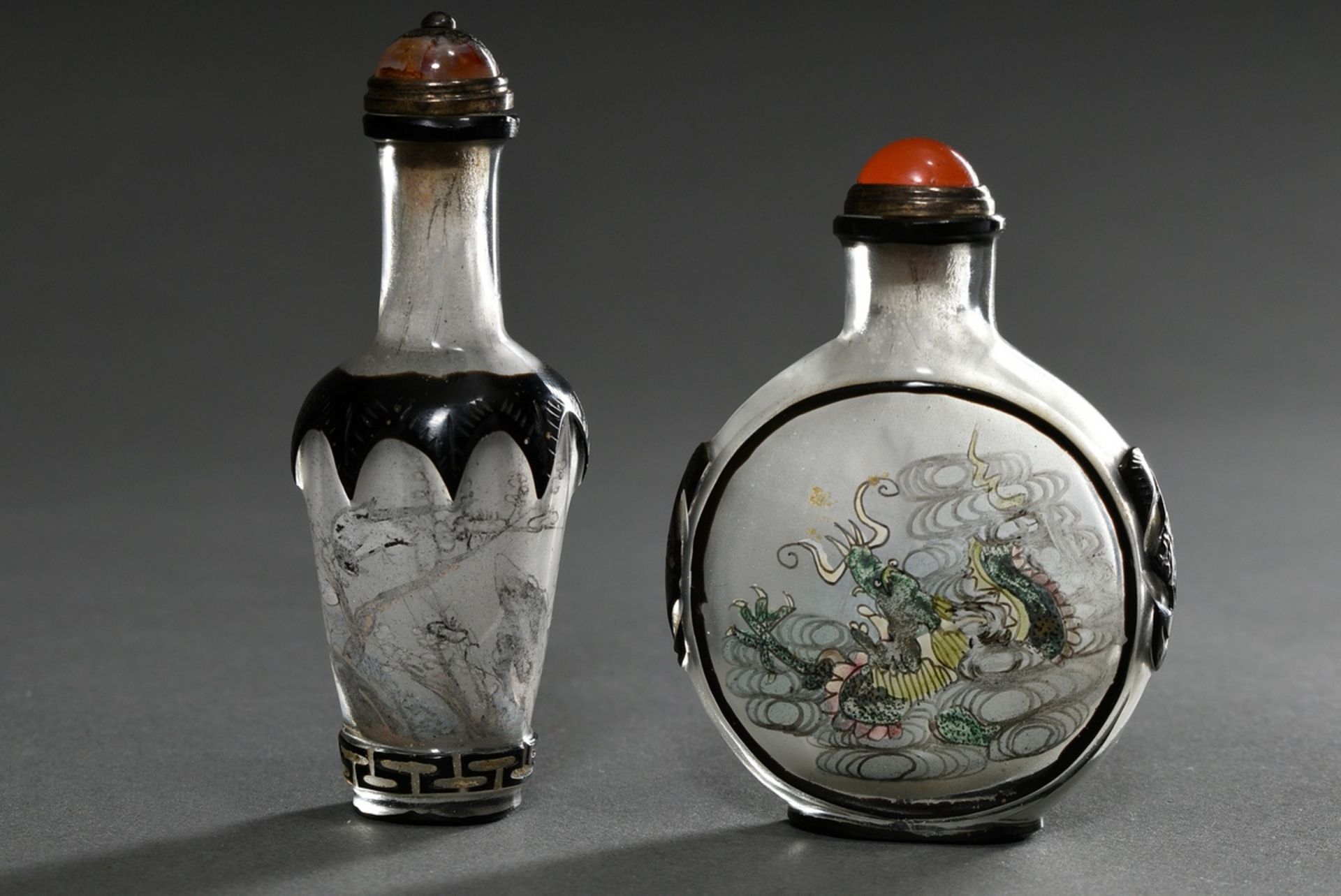 2 Various glass snuffbottles with fine Neihua painting "Landscape, dragon and flowers with birds" a