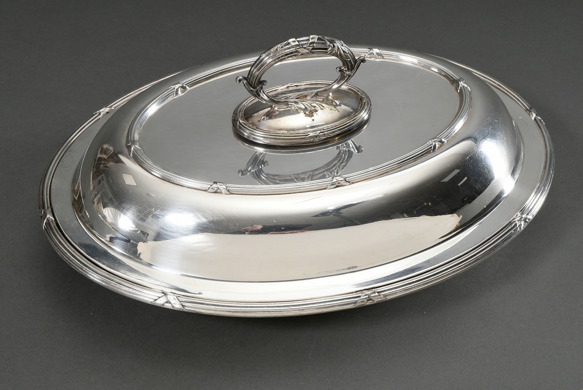 Silver plated English entrée dish in oval form with cross rim decoration, James Dixon & Sons/ Sheff