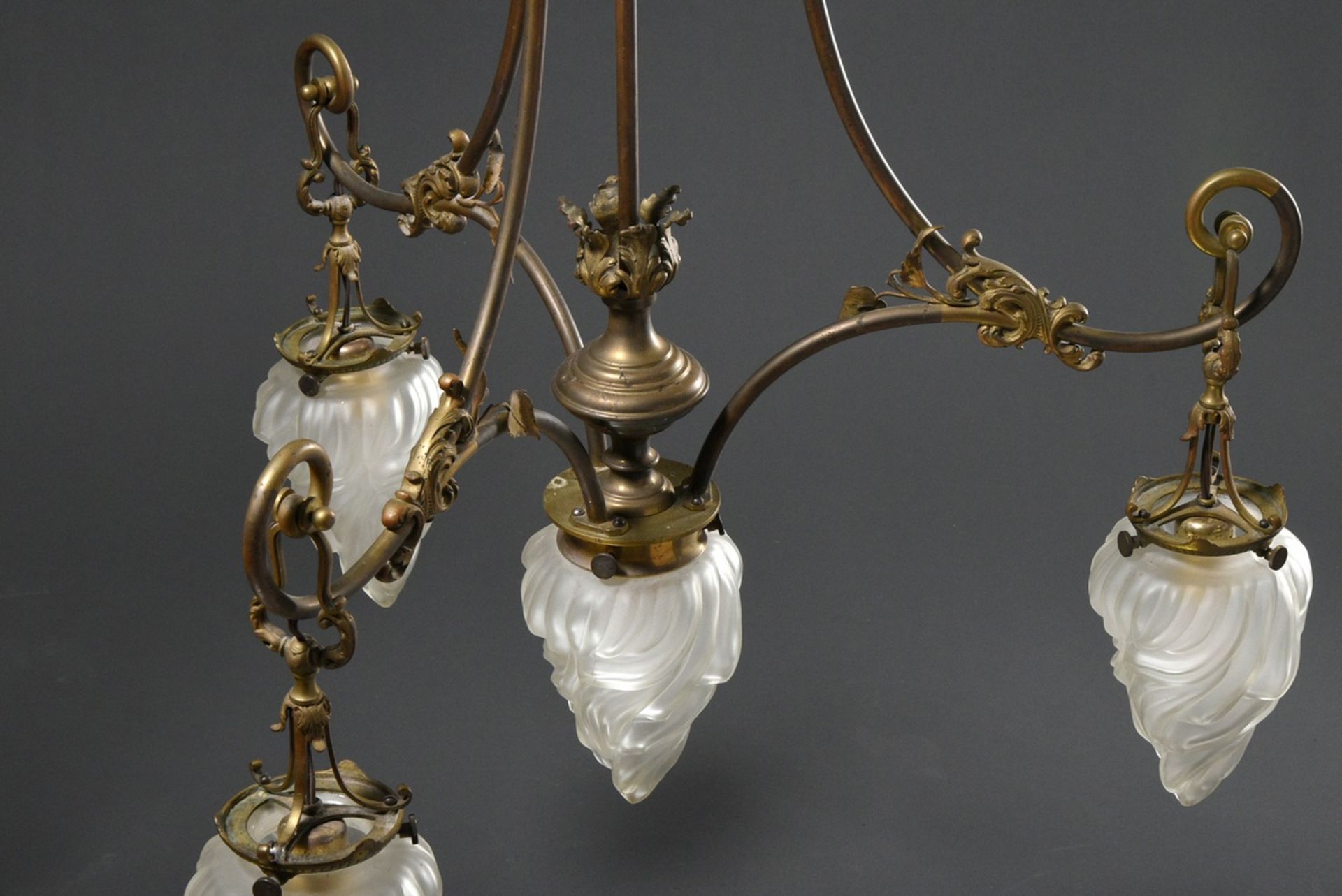 Wilhelminian period ceiling lamp with 4 frosted "flames" glass domes on brass frame with floral dec - Image 4 of 12