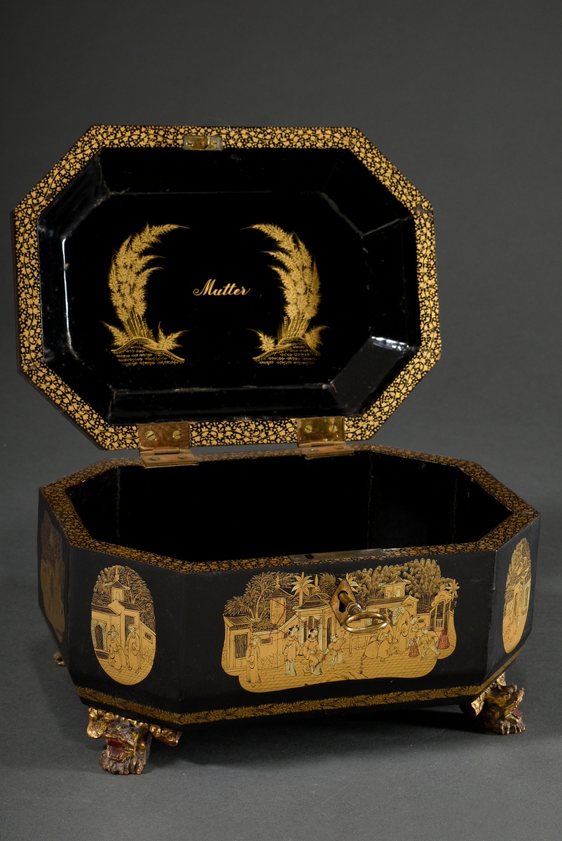 Cantonese export lacquer box with fine gold painting "Animated Everyday Scenes" and dragon framing, - Image 2 of 9