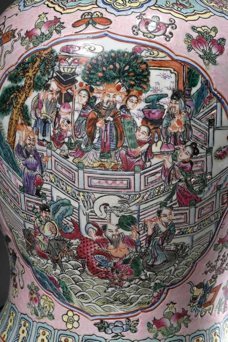 Pair of Chinese baluster vases with Famille Rose painting "Blossoms, Fruits and Scholar Objects" on - Image 7 of 13
