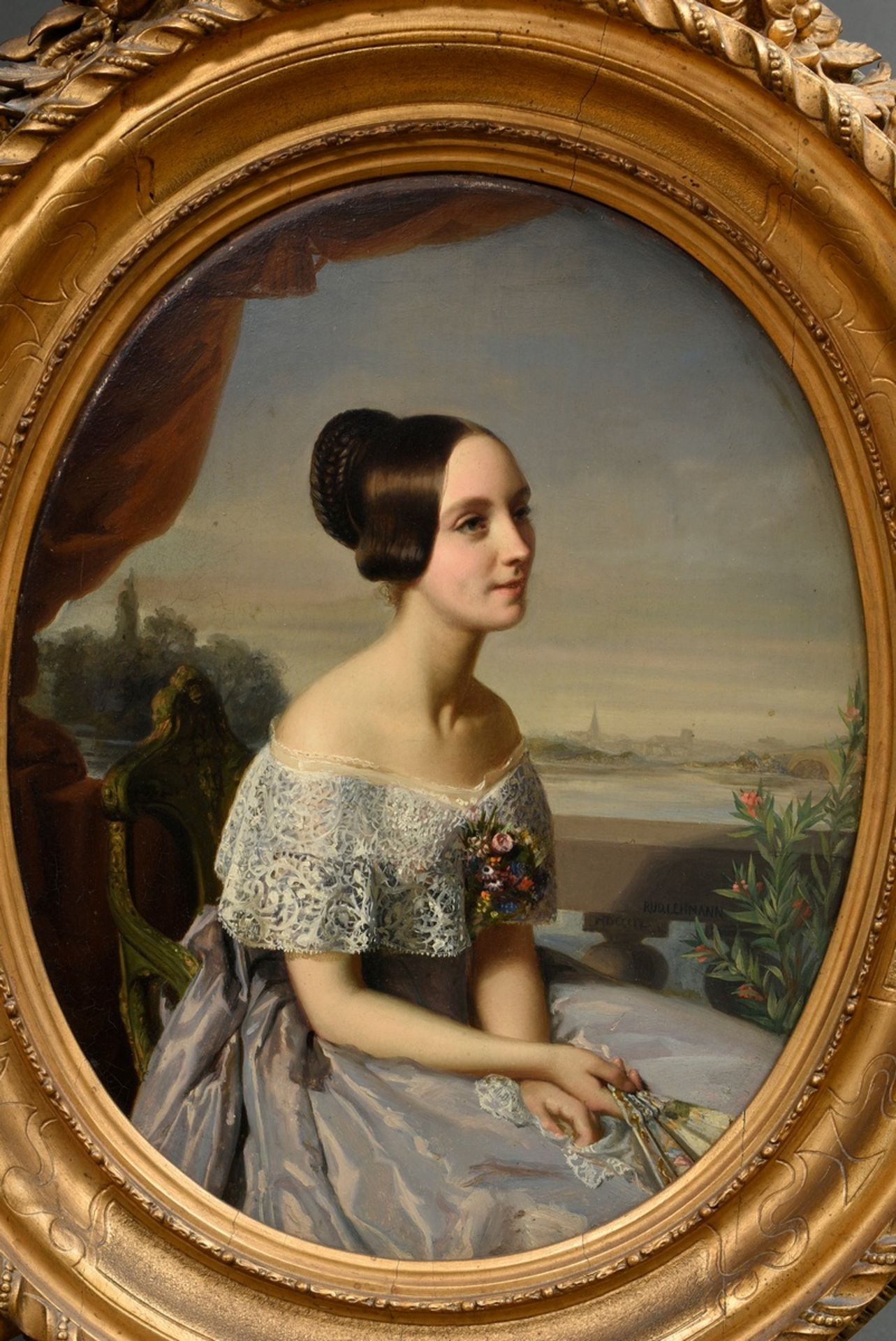 Lehmann, Rudolf Wilhelm August (1819-1905) „Junge Frau vor weiter Landschaft“ um 1850, Öl/Platte, u - Bild 2 aus 7