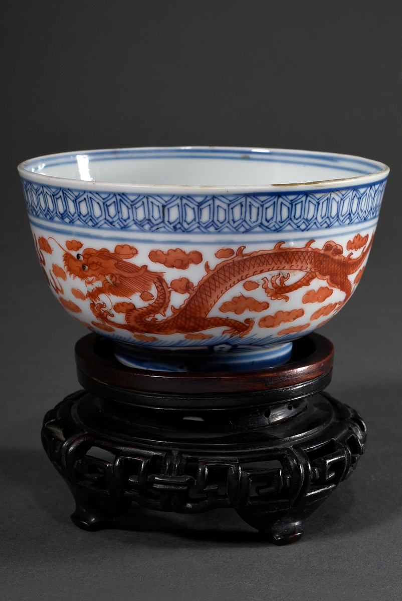 Chinese porcelain kummel with iron red and blue painting decor "Sky dragon with flaming pearl" abov