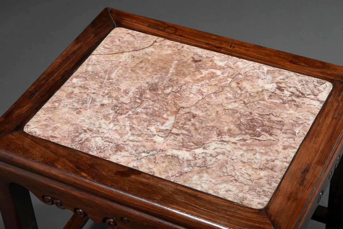 Simple redwood side table with reddish marble top and sparsely carved frame with bar joint, China a - Image 2 of 2