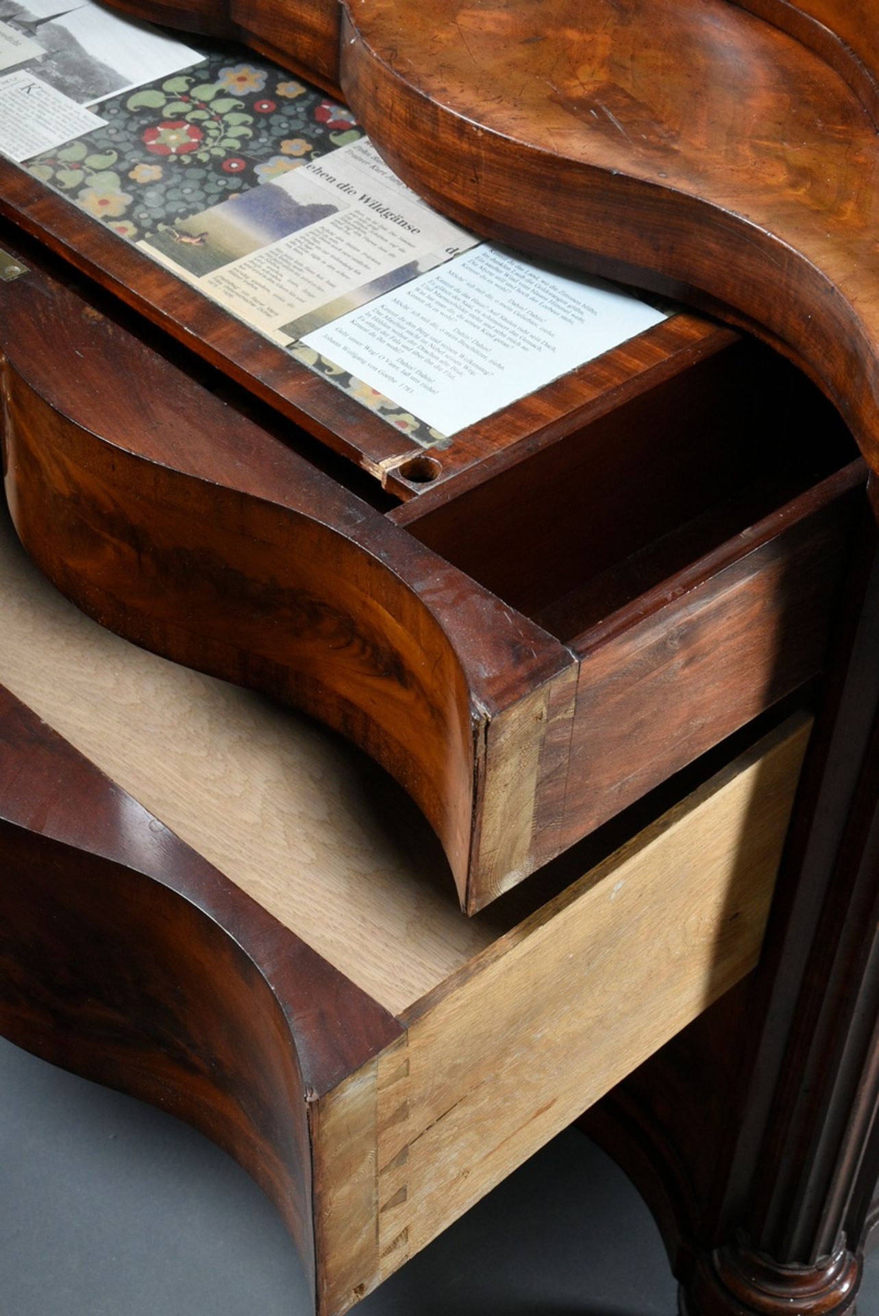 Biedermeier mirrored chest of drawers with half columns on the sides and a curved front as well as  - Image 10 of 12