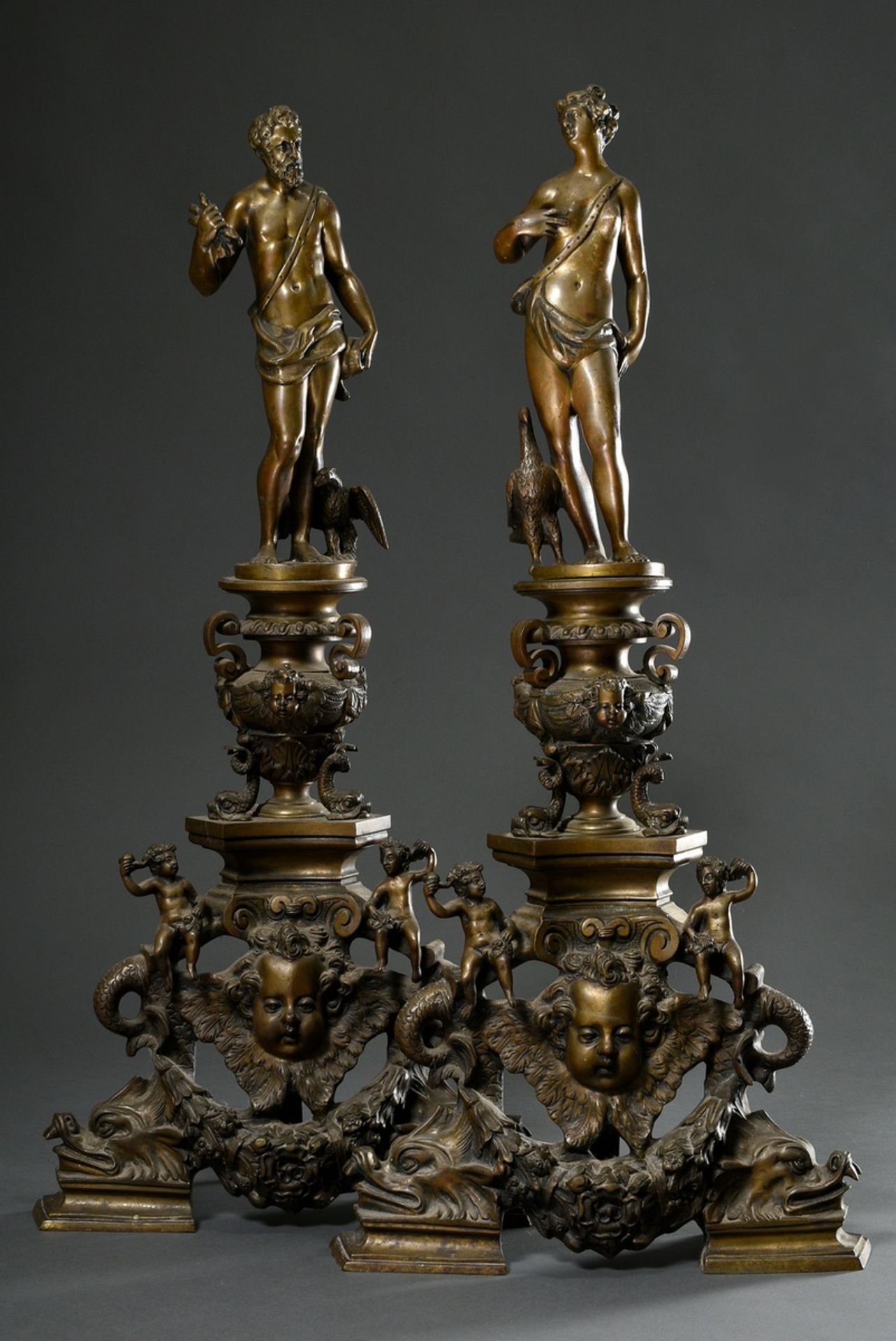 Roccatagliata, Niccolo (1539-1636) and workshop, pair of bronze andirons with figural attachments "
