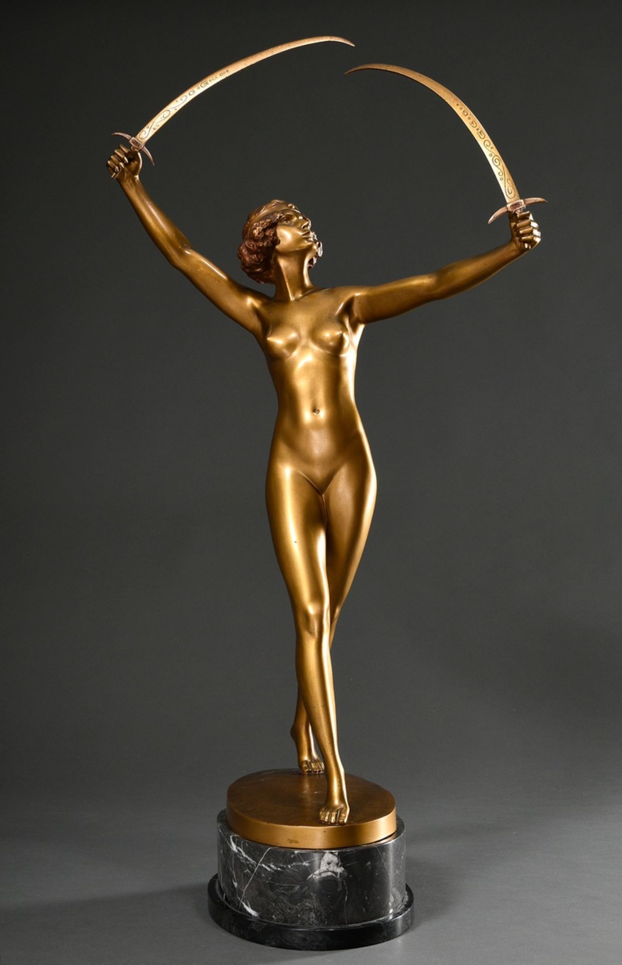 Jaeger, Gotthilf (1871-1933) "Säbeltänzerin", um 1925, Bronze mit Goldpatina auf grauer Marmorplint