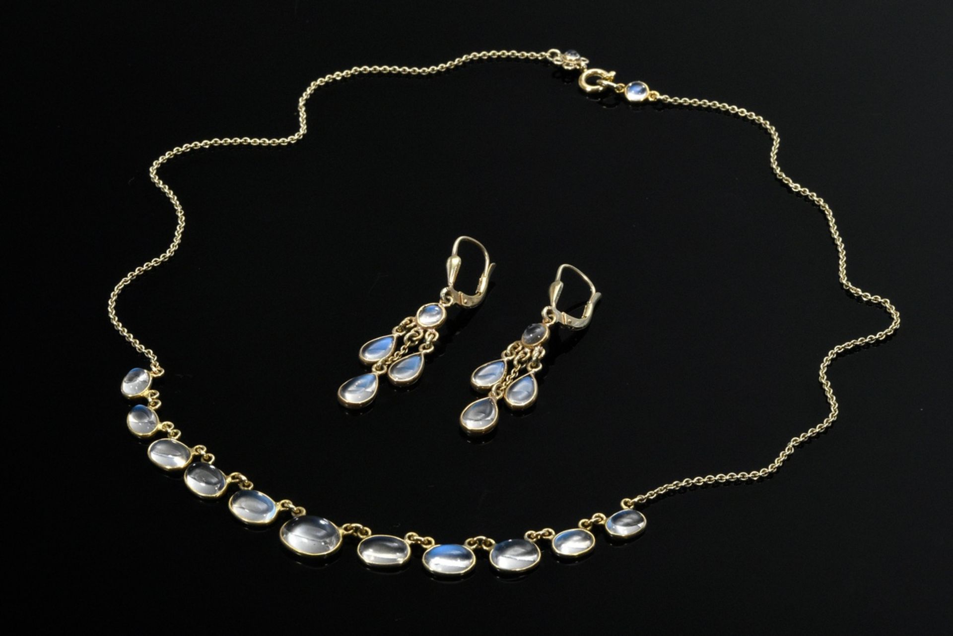 3 Diverse Teile Mondstein Schmuck: Silber 835 vergoldetes Collier (L. 44cm) und Paar Gelbgold 585 O - Bild 2 aus 5