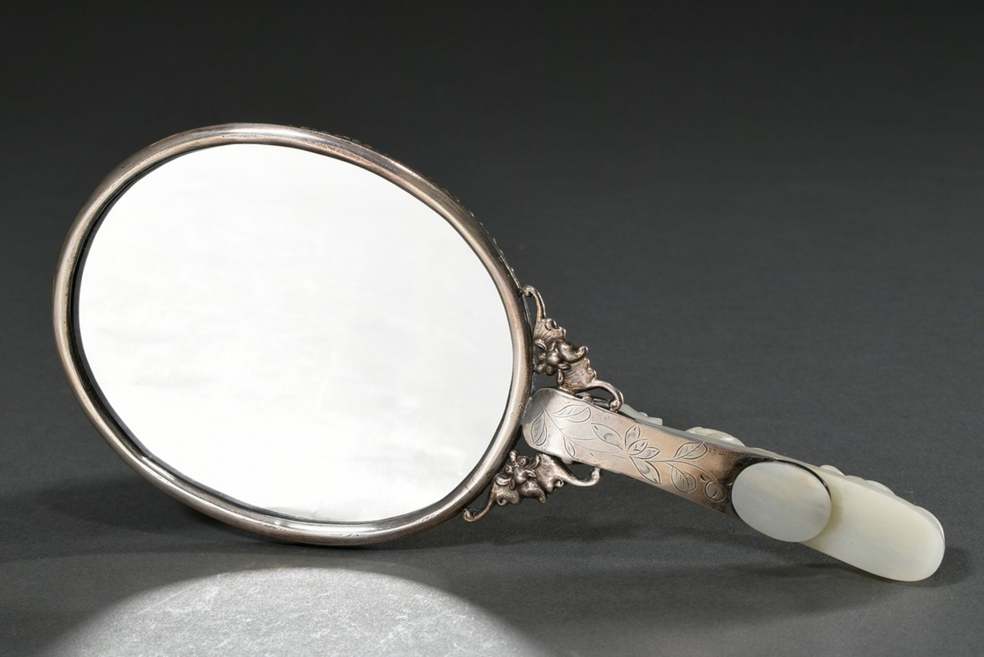 Chinese silver hand mirror with incorporated fine light hetian jade plaque with raised relief "flow - Image 9 of 9