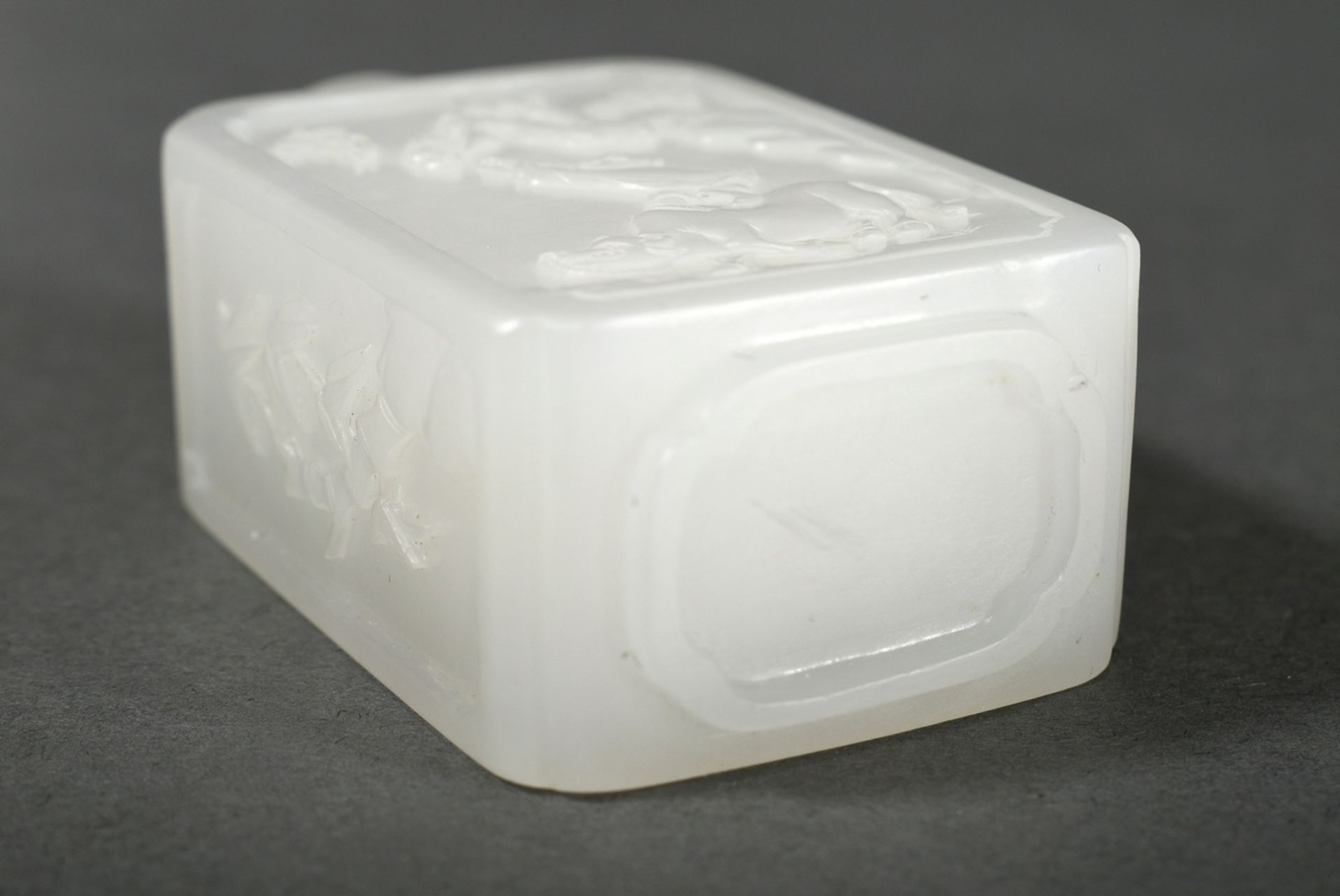 Fine white jade snuffbottle, all around with delicately cut relief scenes "Rocks, pines, bamboo, sc - Image 4 of 4