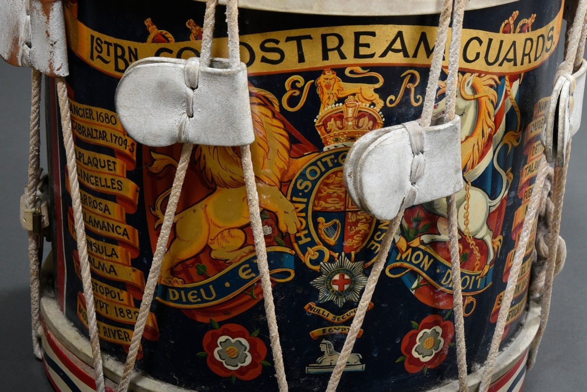 English regimental drum "1st Battalion Coldstream Guards", laterally inscribed :. : "Tangier 1680,  - Image 3 of 6