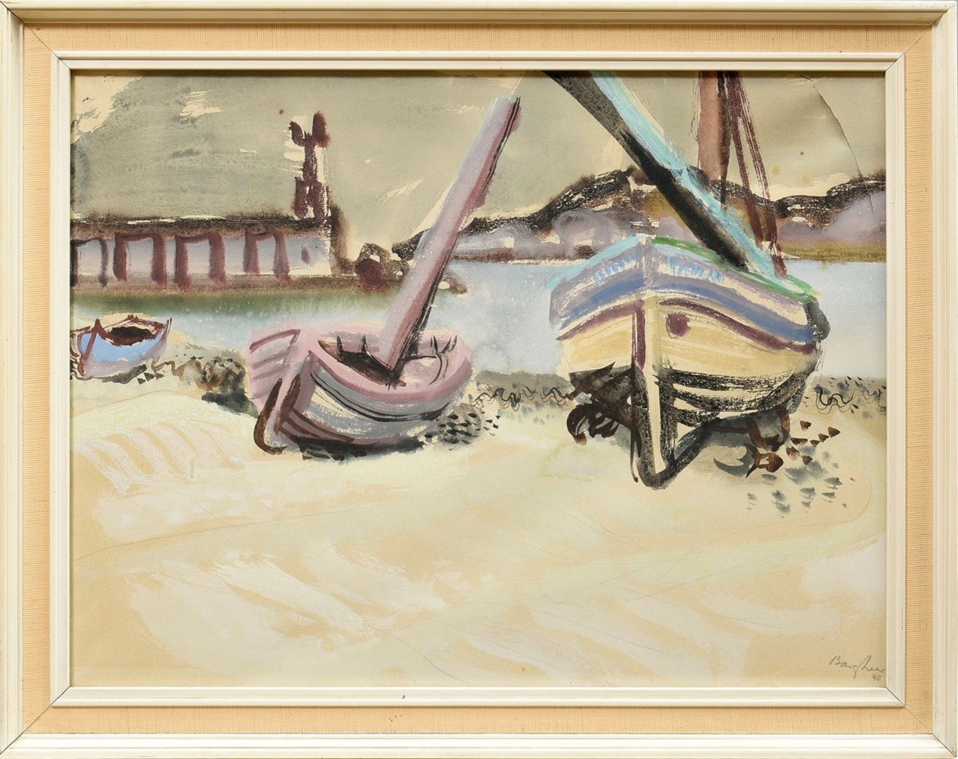 Bargheer, Eduard (1901-1979) "Schiffe am Strand" 1940, Aquarell/Bleistift, u.r. sign./dat., 44x58cm - Bild 2 aus 3