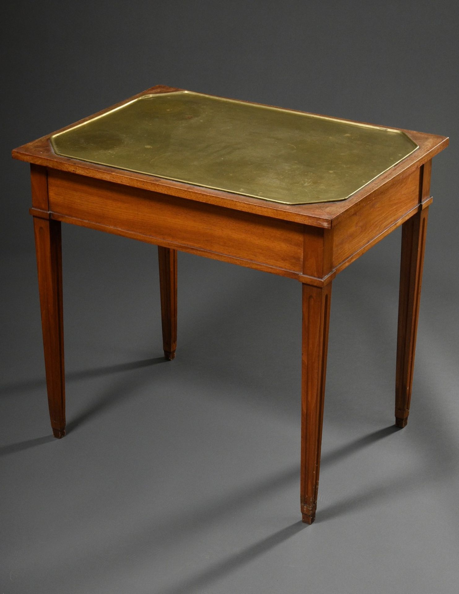 Rectangular softwood tea table with octagonal brass tray in Louis XVI style on single fluted pointe